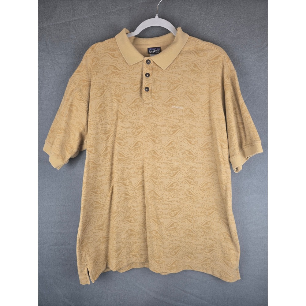Patagonia Men Organic Cotton Polo Shirt L Golden-tan All Over Woven Wave Pattern